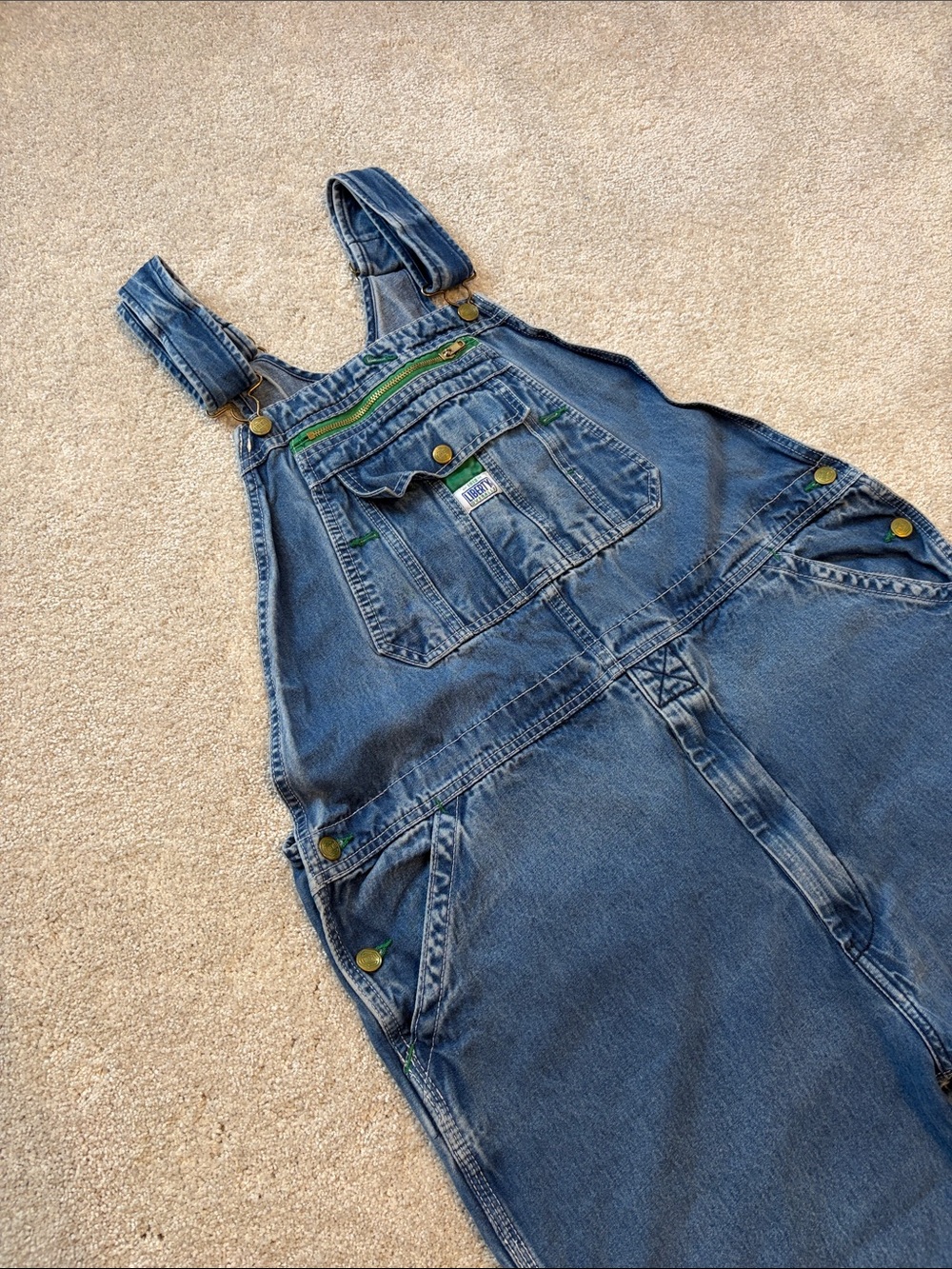 Liberty Blue Denim Overalls with Green Trim